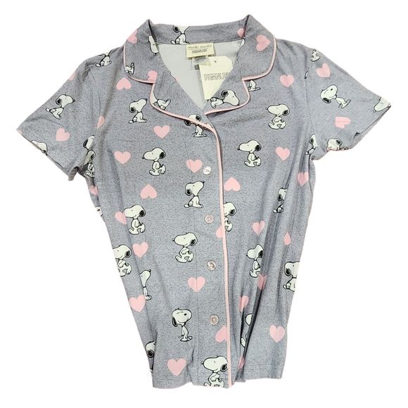 Peanuts Valentines Day Womens Snoopy Gray‎ Pajama Set With Pink Hearts Size L - Picture 13 of 15